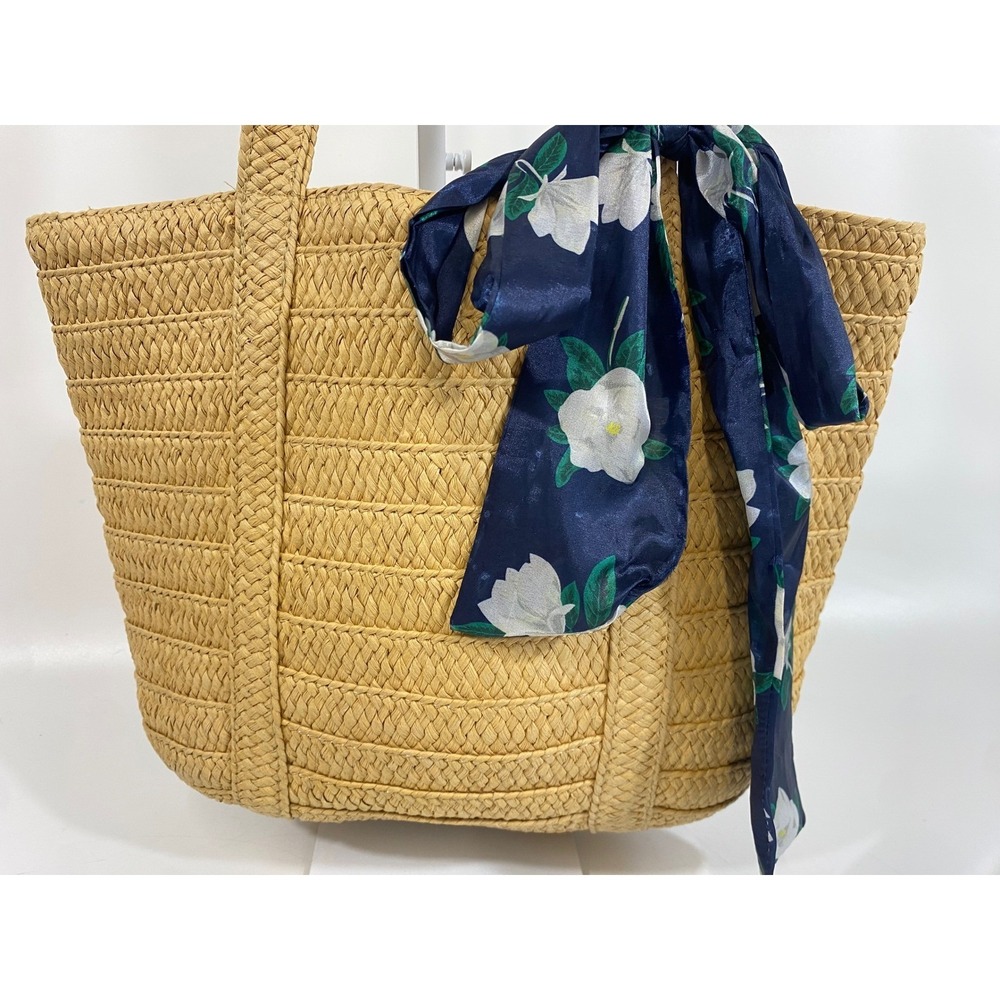 Draper James Raffia Tote Bag Tan Woven Boho Beach Navy Floral Scarf‎ Magnolia - Picture 3 of 9